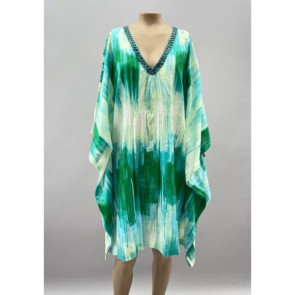 Natori Dress Women M Khanh Tunic Kaftan Blue Print Beaded Lounge Resort NEW - Picture 1 of 9